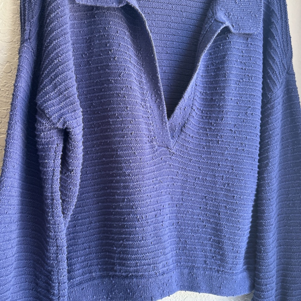 Free People Beach Womens L Sweater Knit Blue V-Neck Polo Collar Textured Boho - Picture 2 of 8